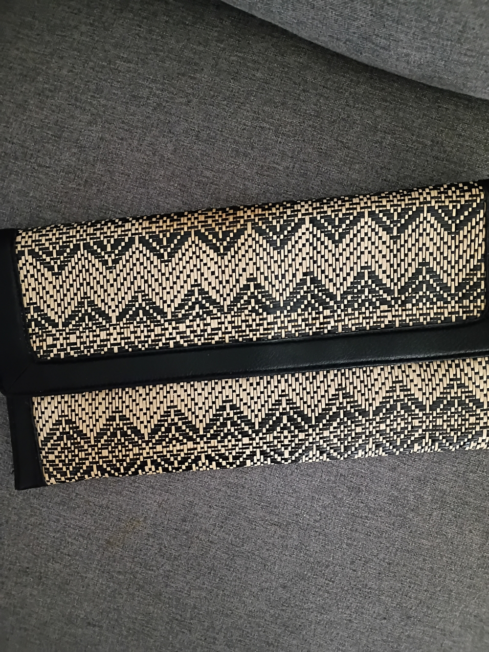 Woven Straw Black Trim Fold-Over Clutch